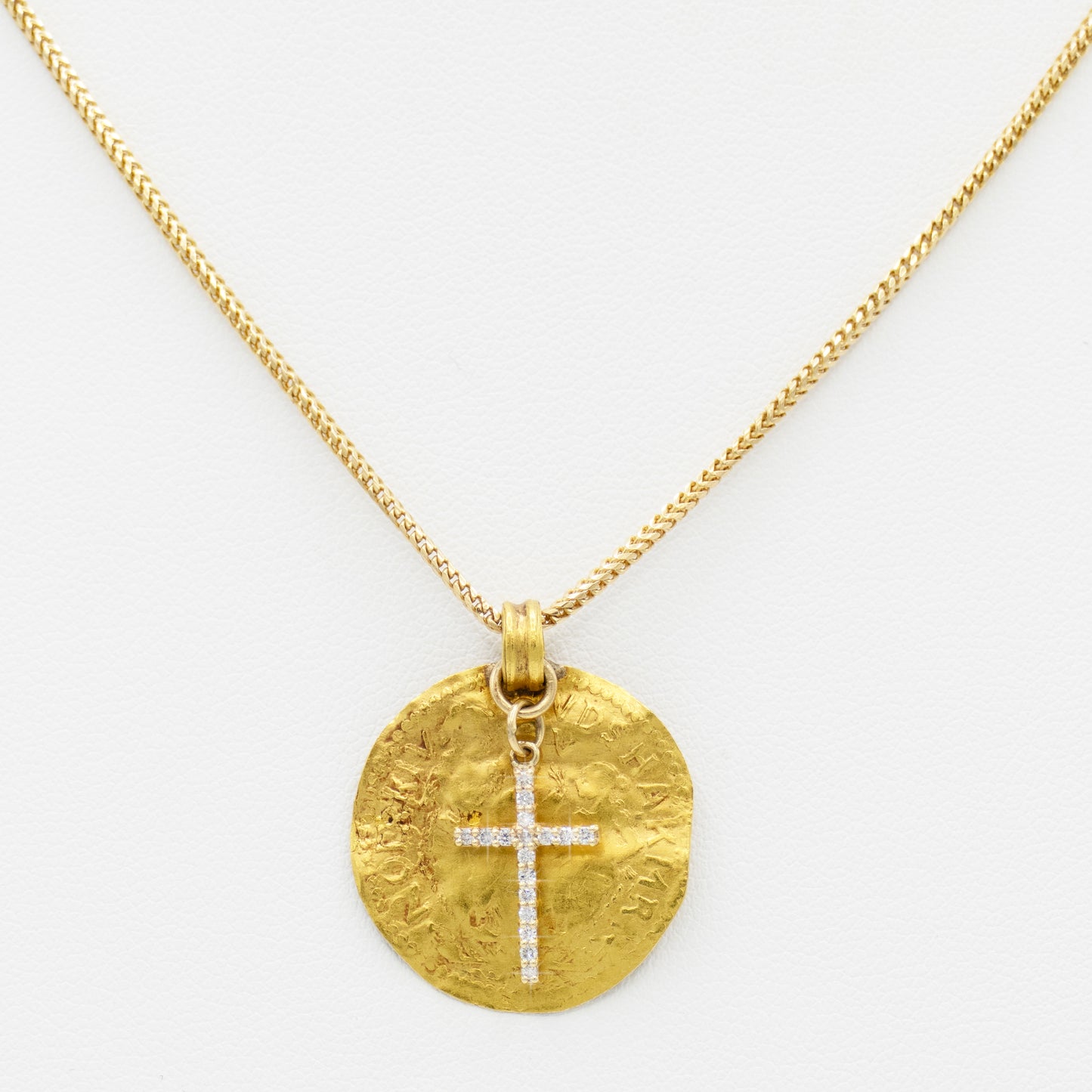 Gold and Diamond Cross and Coin Necklace