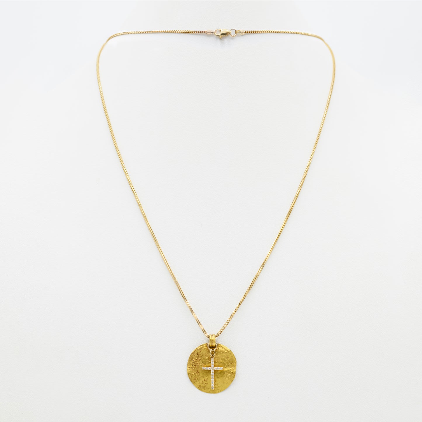 Gold and Diamond Cross and Coin Necklace